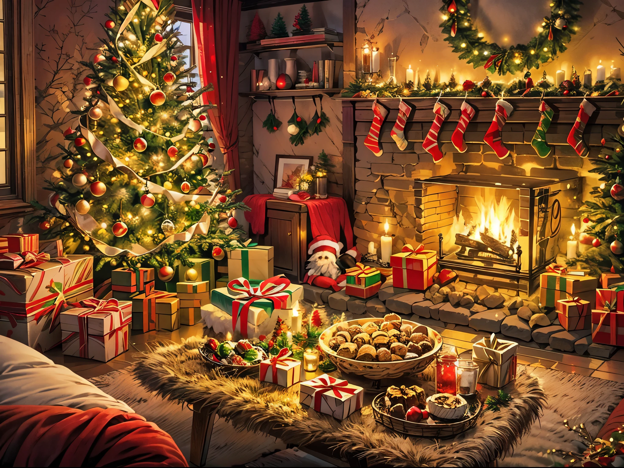 (best quality,highres:1.2),realistic,a cozy living room,Christmas theme,holiday decorations,beautifully decorated Christmas tree,warm fireplace with crackling fire,snowflakes falling outside,warm and inviting atmosphere,festive lights and ornaments,family gathering and laughter,happy and joyful vibes,bright and vibrant colors,soft and comfortable furniture,fluffy and festive pillows,delicious aroma of freshly baked cookies and hot cocoa,carefully wrapped presents under the tree,sparkling and shimmering decorations,detailed Christmas stockings hanging on the mantel,santa claus figurines and reindeer ornaments,glowing candlelight,joyful Christmas music playing in the background, snowy landscape outside the window,peaceful and serene ambiance.