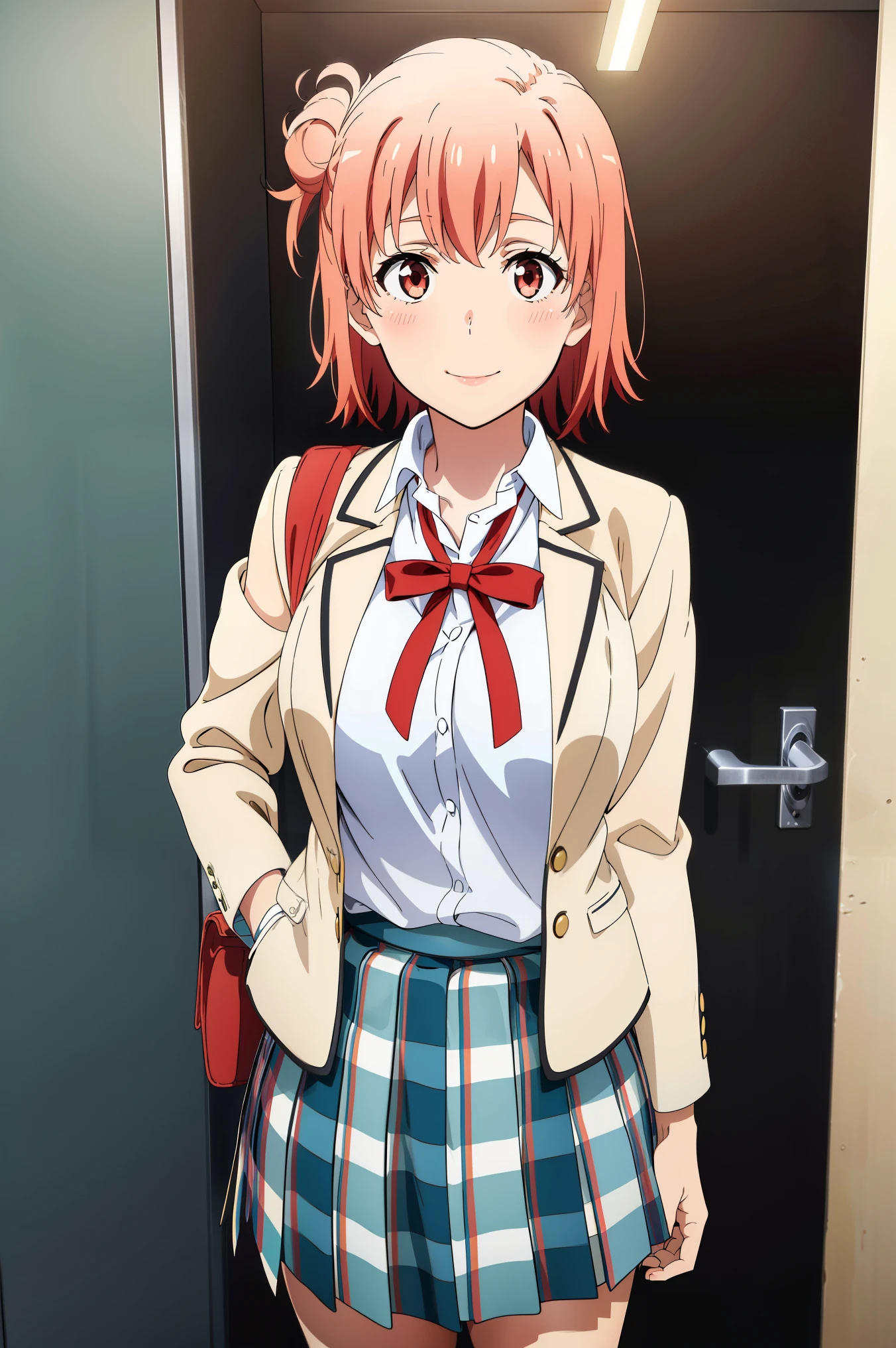 Best quality, masterpiece, highres, 1girl, Yuigahama Yui , school uniform, Plaited skirt, short hair, red ribbon, white shirt, black jacket, big boobs, Standing, smile, school background