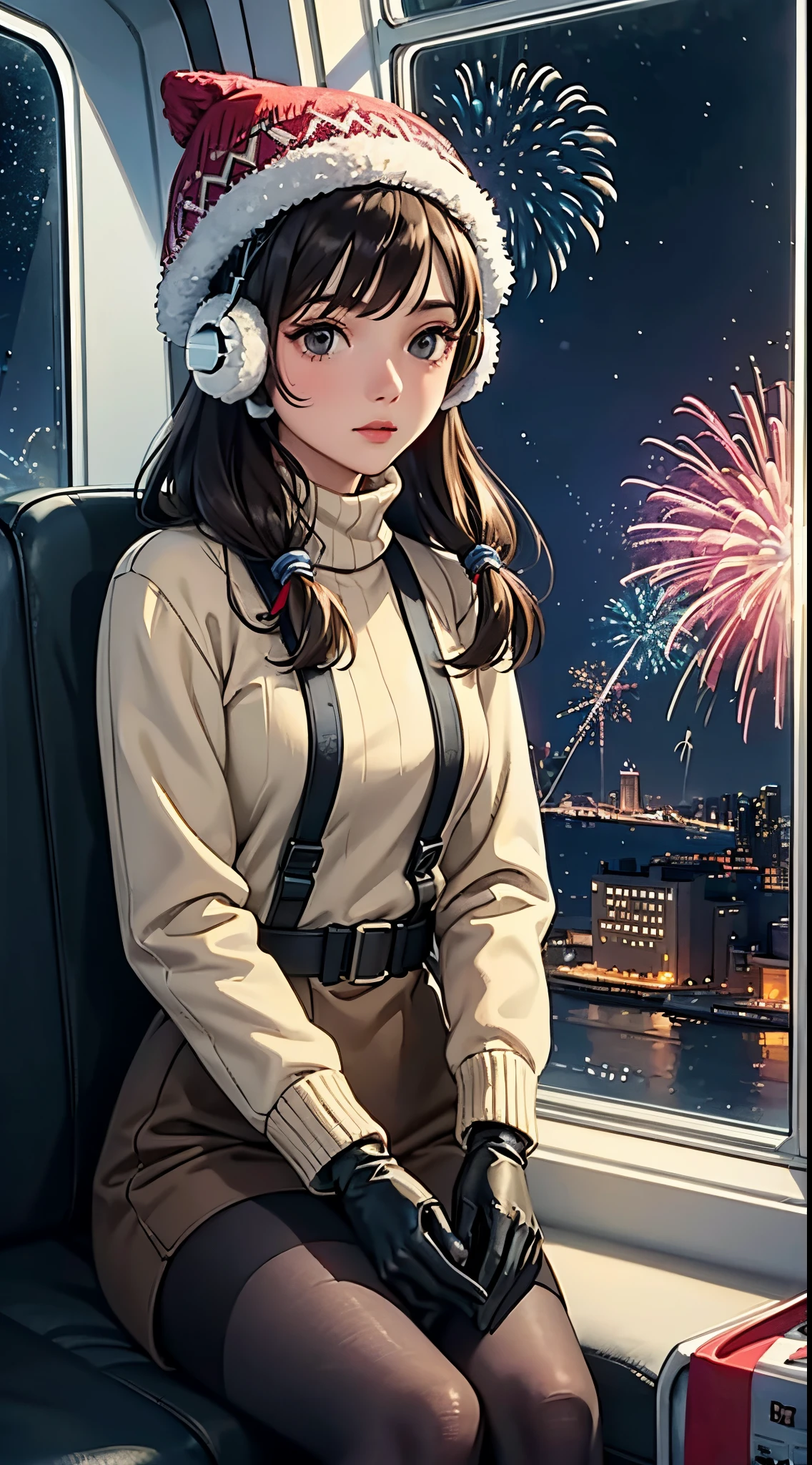 lofi relaxed one brunette girl with headphones flies in helicopter, looks through window, head glued to window. winter night. beautiful landscape of New York with (fireworks) in night sky.. travel. tourist. sweater, gloves, winter hat. long hair. new year eve