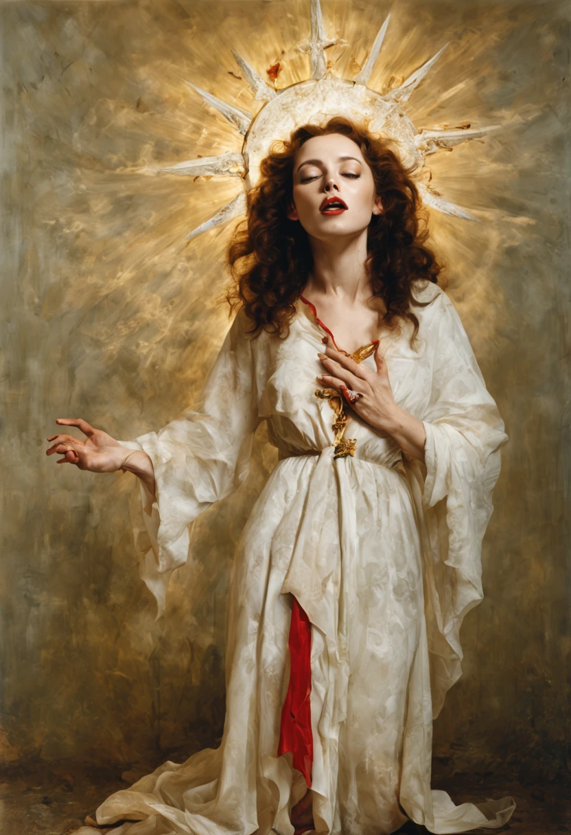 adoration, veneration, anticipation, ecstatic, excited, in love, Bettina Rheims shot, The holy saint of alchemists, pagan, sacred, light rays, pagan saint, inri, full body shot, prayer,thorn