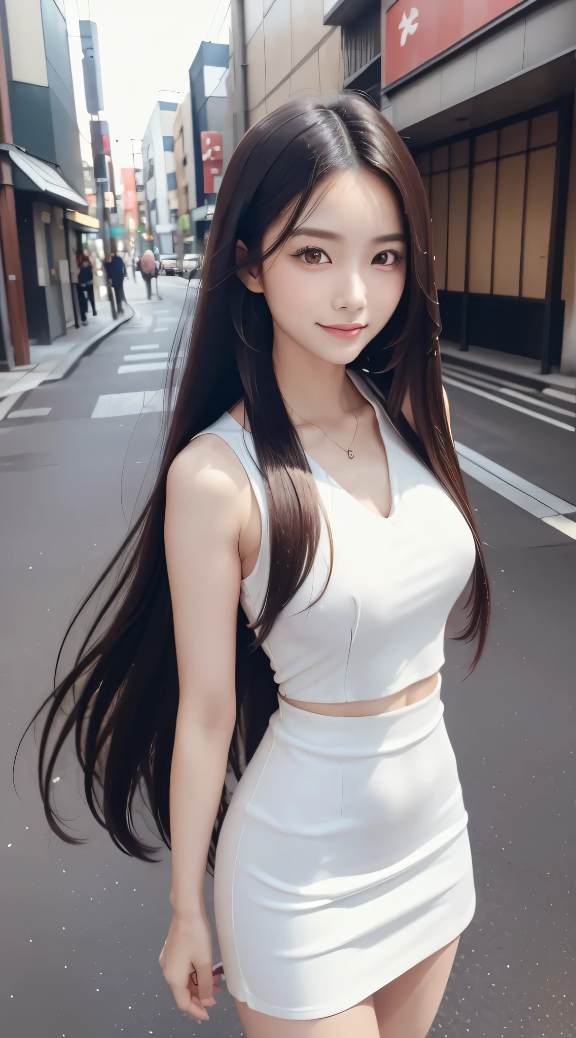 (Refreshing smile:1.5),(Look at viewers:1.1）,（hide one's hands:2.0）,(Beautiful Japan Woman）,（straight haired, Long hair, Hair fluttering in the wind:1.2), （ White sleeveless , Black tight skirt:1.5), （high-heels;1.3), detailed  clothes, (Perfect female body), (Narrow waist:1.3), (Bust Up Portrait:1.3),   Dynamic Pose, Cinematic Light, 135 mm, Fuji Film,