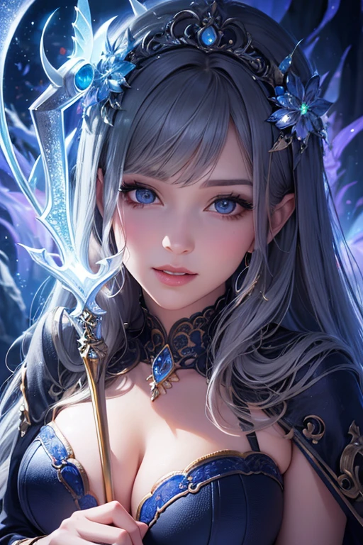 (highres:1.2),ultra-detailed,(realistic:1.37),beautiful detailed eyes,beautiful detailed lips,extremely detailed face,curvaceous figure,sexy enchantress,golden locks,pointy ears,magical staff,fantasy landscape,enchanting forest,playful smirk,spell-binding aura,ethereal beauty,vibrant colors,radiant lighting