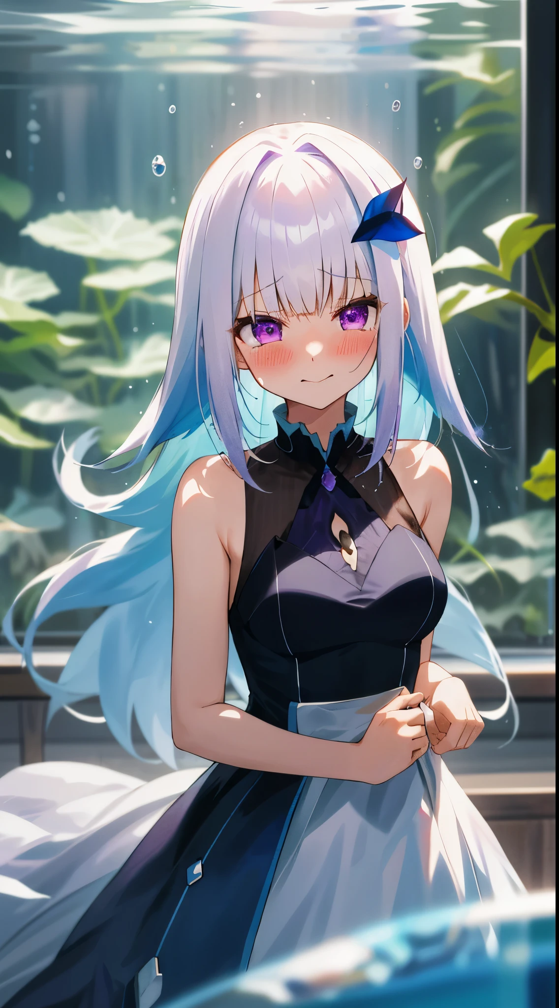 One girl with long hair, bangs, white hair, blue inner hair:1.25) , purple eyes, looking at viewer, blushing, little smile, embarrassed, tears, white dress, sleeveless, indoor, aquarium, dizzy, mid-chest, day atmosphere, hair ornament, standing, medium breasts, upper body, focus, blurry background