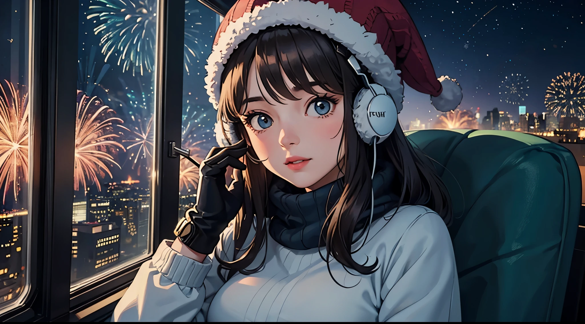 lofi relaxed one brunette girl with headphones flies in helicopter, looks in awe through window, head glued to window. winter night. beautiful landscape of Manhattan with (fireworks) in night sky.. travel. tourist. sweater, gloves, winter hat. long hair. new year eve