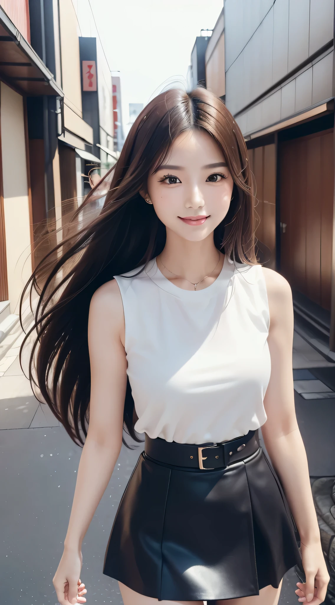 (Refreshing smile:1.5),(Look at viewers:1.1),(hide one's hands:2.0),(Beautiful Japan Woman),(straight haired, Long hair, Hair fluttering in the wind:1.2), ( White sleeveless , Black tight skirt:1.5), (high-heels;1.3), detailed clothes, (Perfect female body), (Narrow waist:1.3), (Bust Up Portrait:1.3), Dynamic Pose, Cinematic Light, 135 mm, Fuji Film,