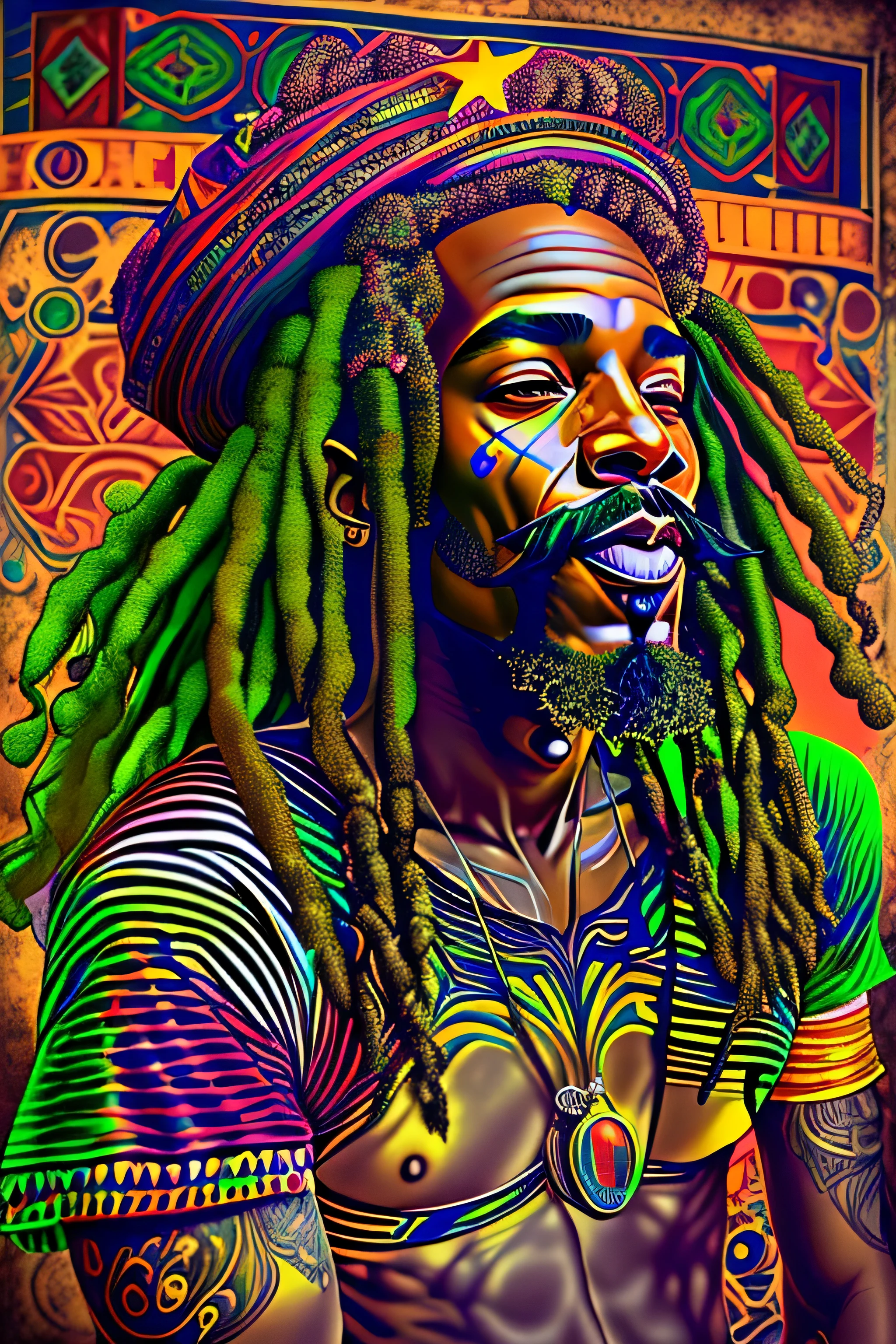 1 homem negro Rastafari expressando sabedoria, cantando, cabelo dreadlocks, olhos verdes, Desenho real tatuagem nas cores do reggae