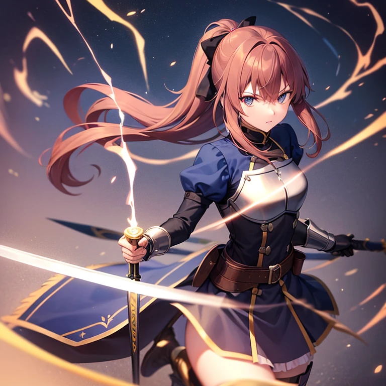 Monika as a boy magic swordsman wielding a longsword glimmering sideral blue soul sword boy clothes monika, determined eyes guard position, closed blue gambeson coat, black bottoms, long boots, metallic artoria pendragon armor parts chest plate pauldrons belt gauntlets greaves, black wellington glasses red eyes, forehead showing hair style like takagi-san reddish dark brown hair ponytail white ribbon lace on ponytail hair, surrounded by lightning arcs electricity, background is night becoming morning