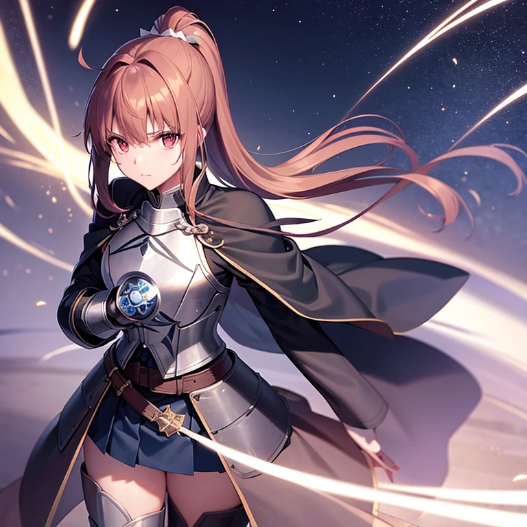 Monika as a boy magic swordsman wielding a longsword glimmering sideral blue soul sword boy clothes monika, determined eyes guard position, closed blue gambeson coat, black bottoms, long boots, metallic artoria pendragon armor parts chest plate pauldrons belt gauntlets greaves, black wellington glasses red eyes, forehead showing hair style like takagi-san reddish dark brown hair ponytail white ribbon lace on ponytail hair, surrounded by lightning arcs electricity, background is night becoming morning