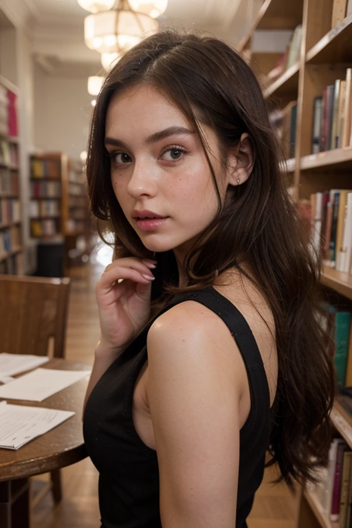 ((best quality)), ((masterpiece)), (detailed), perfect face realistic photo of beautiful woman with long dark brown hair, Russian, influencer, light freckles, dark brown eyes, big lips, no makeup, instagram, in a library, wearing thight black dress