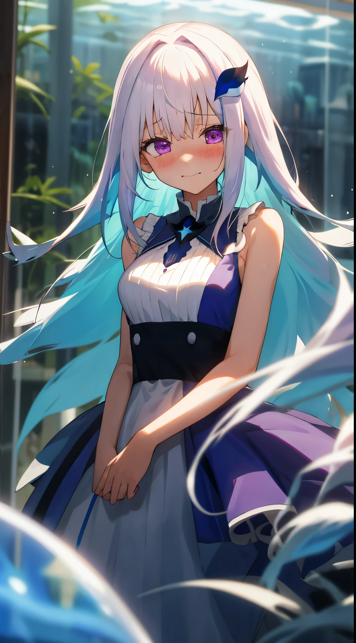 One girl with long hair, bangs, white hair, blue inner hair:1.25) , purple eyes, looking at viewer, blushing, little smile, embarrassed, tears, white dress, sleeveless, indoor, aquarium, dizzy, mid-chest, day atmosphere, hair ornament, standing, medium breasts, upper body, focus, blurry background