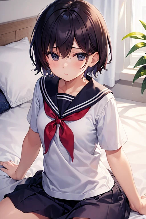 tmasterpiece, Best quality at best, girl, Short hair details, sailor shirt, No tights, looking-down, indoor,Bedrooms,wearing a Diaper,Lie down in bed