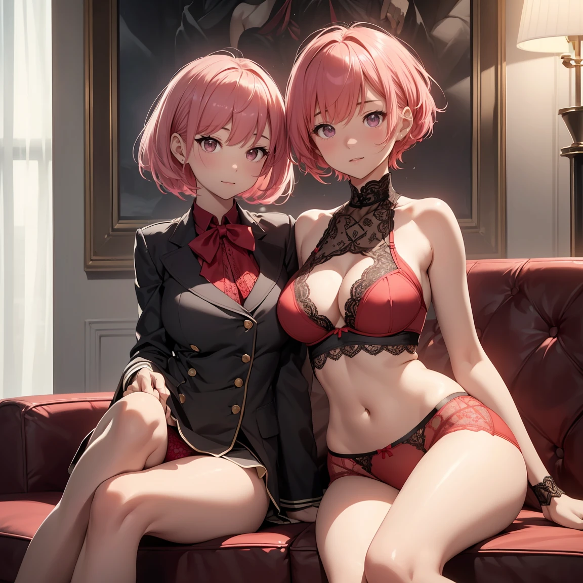 (top-quality,High resolution,(Ultra high definition,4K), (超A high resolution,in 8K),masutepiece:1.2), (Perfect Anatomy,Anatomically accurate), (Angle from below), (Soft lighting, rendered), ((cute mother and daughter)), ((Sitting on a sofa in the lobby of a luxury hotel,Open legs left and right)), ((High School Sailor Uniform)), (Red lace panties), (fascinated expression), (Crisp double eyelids), (Large breasts:1.3), (Soft skin), (Photorealistic), (Glowing skin), (pinkhair), (Pixie Cut)