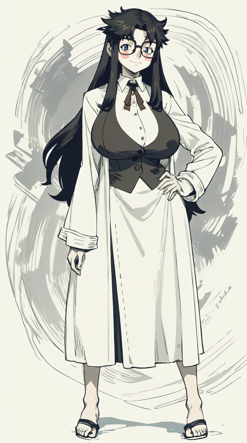 ultra detailed, masterpiece, best quality, solo, soft smile, light smile, ,YR, 1girl, solo,full body body, portrait, sticker blush, smile, looking at viewer, glasses, long skirt, coat, vest, ribbon, long sleeves, messy hair, fine detail, perfect quality, good quality, masterpiece, HDR, UHD full body, refsheet, flipflops, huge breast,refsheet, sketch style