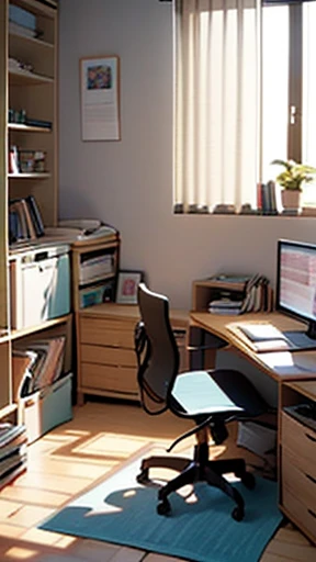 Student's Room, Light walls, Sunlight from the window, morning, rays of sunshine, Few items, ficus in a pot, disarray, Things are scattered, clothes scattered, There are textbooks, a table, chair, creative disarray, figurines, gamer. monitor