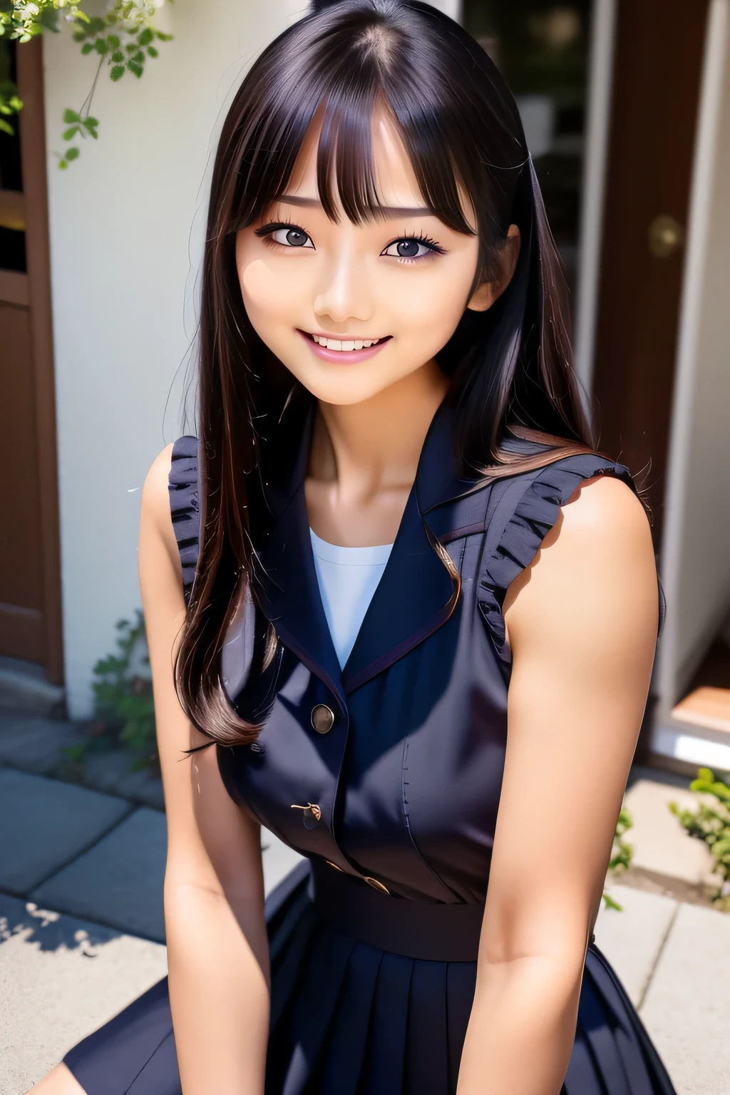 (8K, Raw photo, Best Quality, masutepiece:1.2), (Realistic, photo-Realistic:1.4), (extremely detailed 8K wallpaper),1 girl, Sailor Suit, Dark blue collar, whiteshirt, Short sleeve, School, Dark blue skirt, Black skirt, Photo of Japan 15-year-old woman, Straight long black hair, bangss、s lips、without makeup、short eyelashes、watching at viewers、A smile、Photorealsitic、high-level image quality、masutepiece, Best Quality, 8K, Beautie、Fine details