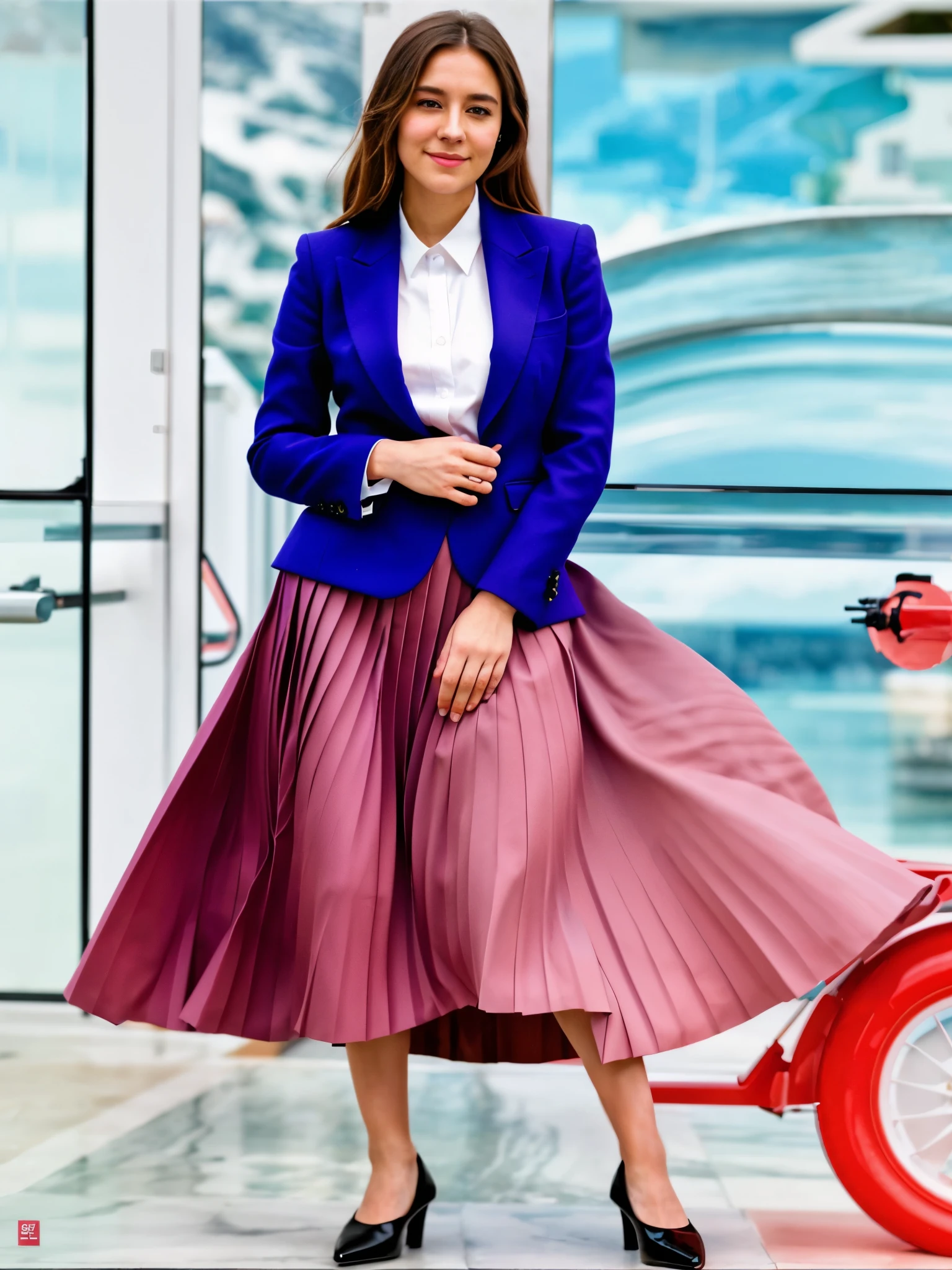 (shy:1,3) smiling woman playing with skirt, dancing, wearing short blazer and very very detailed (long (fully pleated) full circle skirt) and (low heeled) office shoes, very very intricate hyper-detailed symmetric (attractive graceful young feminine face) with (sad, tired eyes and a shy smile), large breasts, full of empathy and compassion and love, (pronounced (feminine) features), (highly detailed ultra accurate realistic) hands and fingers, (windy conditions and wind blowing), epic composition, highly detailed attributes, highly detailed space station background, (35mm f1.4 Kodak portra 400 photograph), extremely high quality RAW photograph,