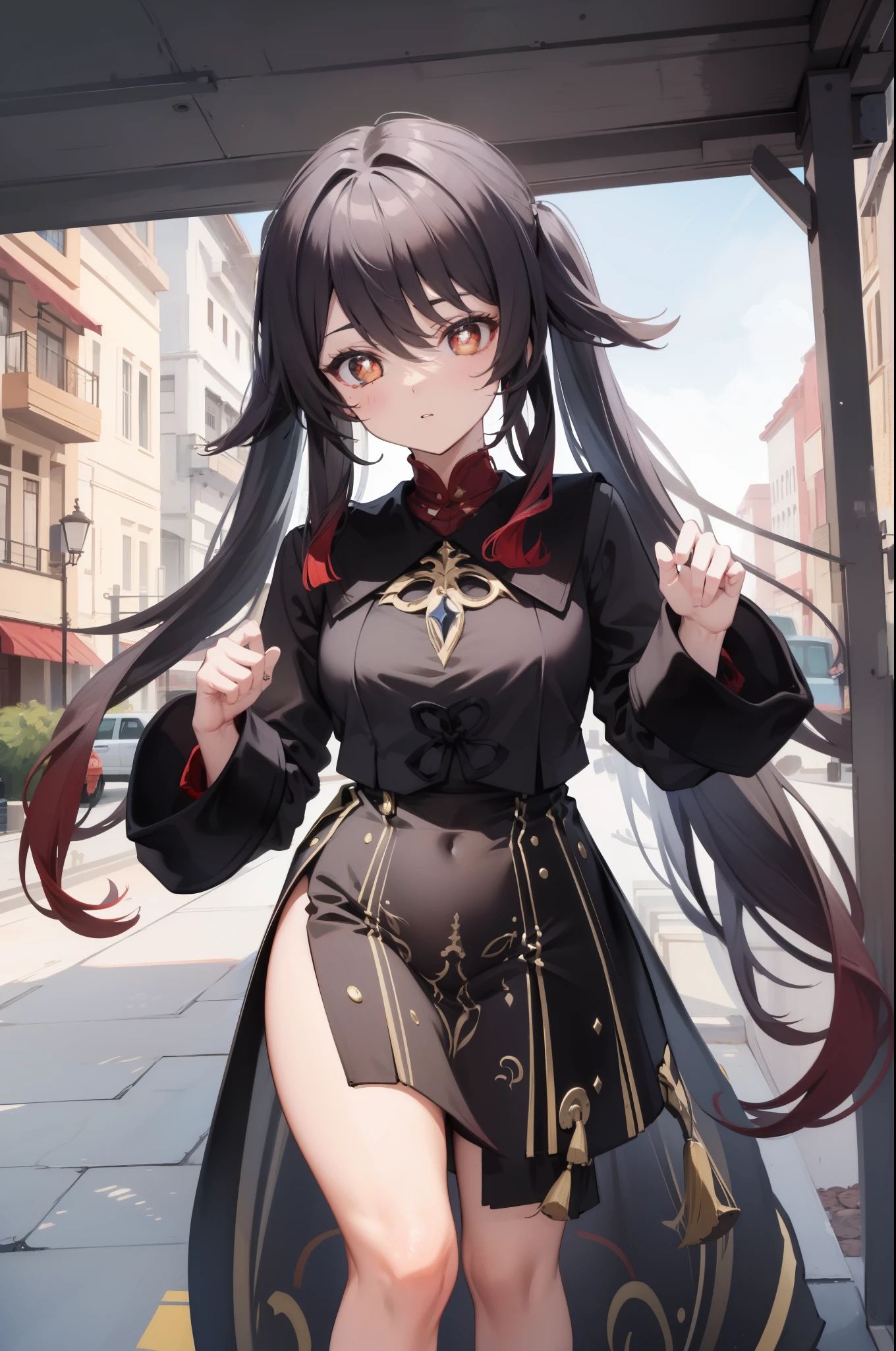 illustratio、(top-quality)、(((​masterpiece)))、(Hi-Res)、Original、(1womanl)、A sexy、Thick、Big body、silber hair,police,outside of house,(Cuffed),Forward leaning position,Pisel skirt