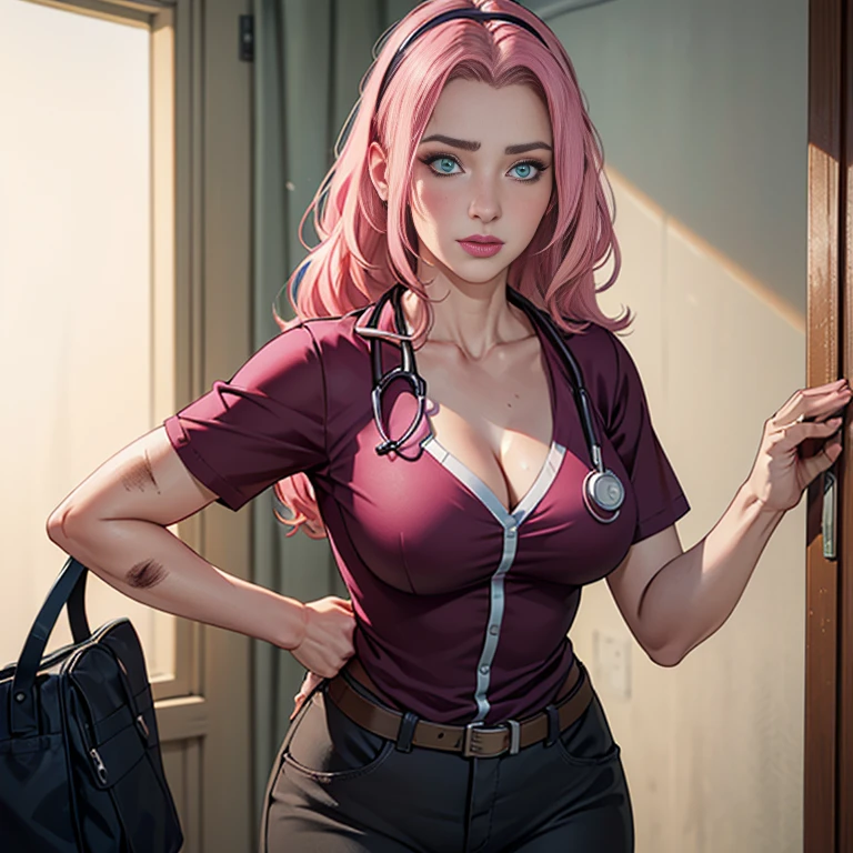 masterpiece, absurdres, sakura\(boruto\), 1girl, solo, mature woman, full body, upper body close up of a woman as a doctor, photorealistic, high resolution, hips up, look at viewer, (detailed face), , (attractive doctor), (Medical Tent), (Day), (Soft light), ((Treating Wounded Soldier)), (Holding Medical Supplies ), ((Looking Down Face)), ((Compassionate)), (Natural Make-up), (Medical Bag, Stethoscope), ((Long Hair)), (Pink Hair), (Straight Hair), (Loose Waves hair), (- in Hair), (Wide Open Eyes), (Light Green Eyes), (Caring and Strong Look), Fair skin, (Subtle Medical Details Clothing), (Combat Medic Uniform), (-), (Cargo Pants ), (V-neck Neckline), ((Military Base)), (Medium Shot), beautiful hands, two hands, normal hands, two arms, complete hands, beautiful body, beautiful fingers, normal fingers, five fingers, five fingers, beautiful ears, normal ears, beautiful eyes, shiny eyes, beautiful mouth, beautiful lips, perfect composition, detailed lips, big breast, beautiful face, body proportion, blush, (pink lips), realistic eyes, soft gaze, super realistic, detailed, photoshoot, realistic face and body