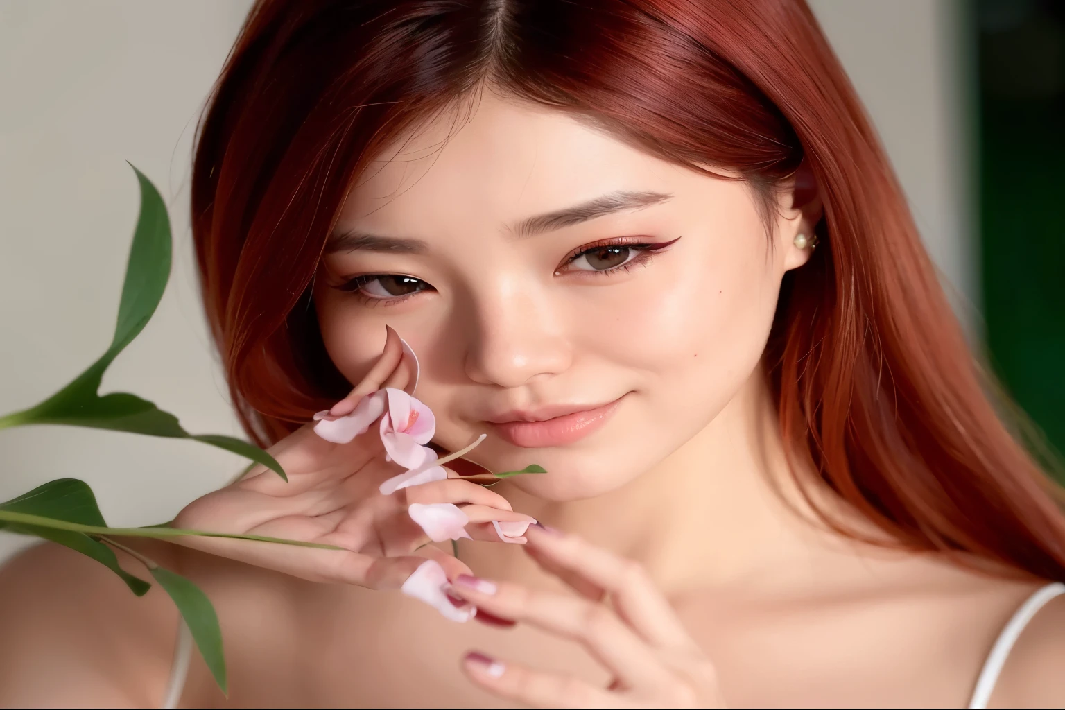 Mujer arafed con cabello rojo sosteniendo una flor en la mano., Hermosa mujer surcoreana, Hermosa joven coreana, Hermosa joven coreana, Parque Ji-min, Heonhwa Choe, Lee Ji - Eun, Lee Ji-eun, Jinyoung Shin, maquillaje popular de Corea del Sur, maquillaje coreano popular, ji-min, 8K Artgerm Bokeh