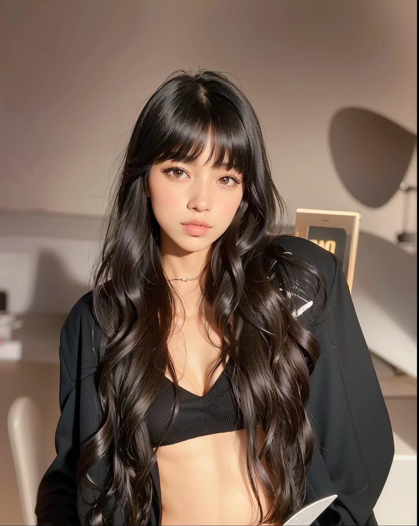Mujer arafed con cabello largo y negro y un top negro, she has black hair con flequillo, long hair con flequillo completo, long hair con flequillo, long black hair con flequillo, long dark hair con flequillo, con flequillo, con flequillo completo, brown long hair con flequillo, black wavy hair con flequillo, Lalisa Manobal, flequillo de cortina, cabello blackbangs cabello