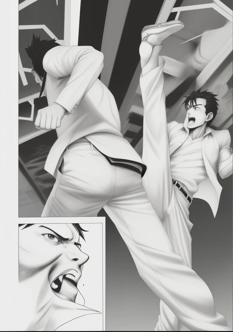 a drawing of a man in a white shirt and pants kicking the air, black and white manga page, black and white manga panel, manga scans, manga page, striking manga artstyle, em , award winning manga style
