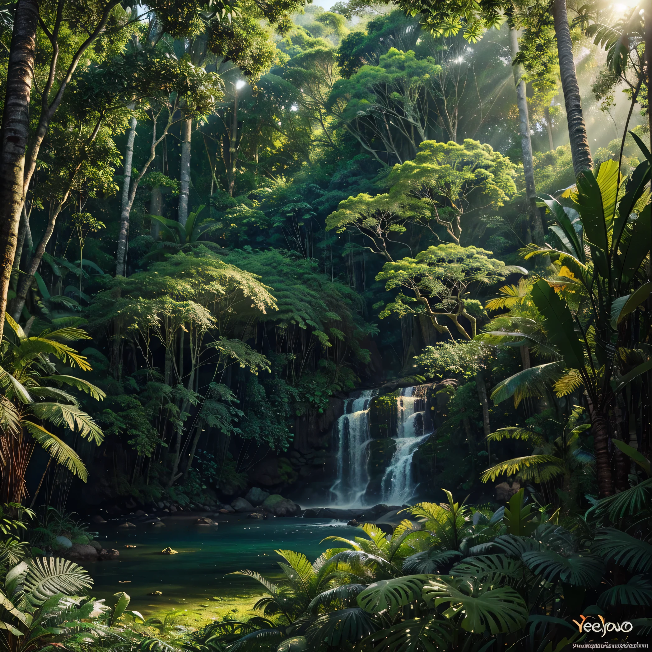 a hyperrealistic wide painting of a nature inspired arial scene of a mystical tropical jungle, greenery, dense forest, sunshine, dense foliage, immaculate composition, extremely detailed, perfect painting technique,