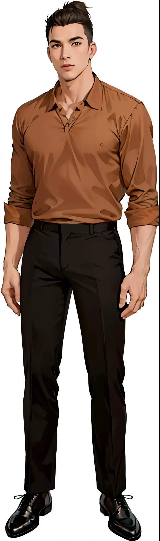 a drawing of a man in a brown shirt and black pants, detalhes do corpo inteiro, single character full body, retrato de corpo inteiro of a short!, full body single character, wearing pants, em roupas! altamente detalhado, closeup estilo gesto pesado, roupas detalhadas, pose de anime bonito, detalhes mais realistas, retrato de corpo inteiro, altamente detalhado full body, !!retrato de corpo inteiro!!