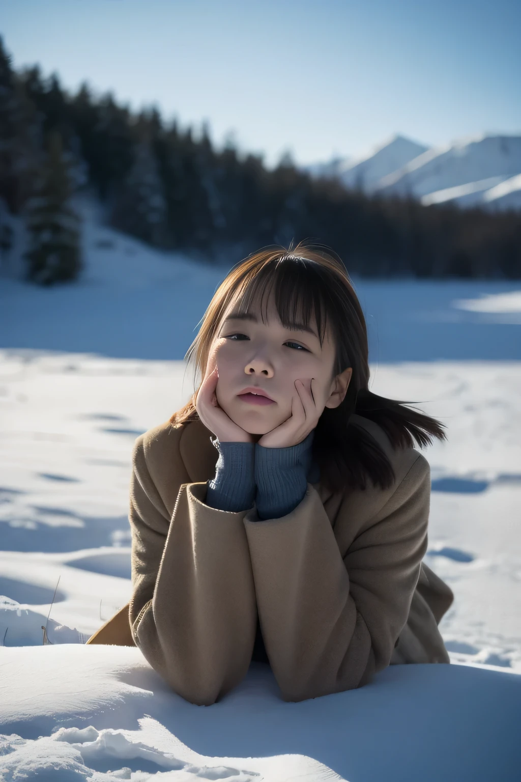 (masterpiece、top-quality、high-level image quality、ultra res,in 8K), (raw:1.2), (Photorealsitic:1.4), (beautiful a girl,sexy for,、cute little、Alone),Woman in anguish and despair,Make women who are tired in mind and body beautiful、gently。、年轻、Wintersの服装、The emotional landscape reflects her spirit、Cold wind blows、Winters、jpn、Professional、Warms the heart、