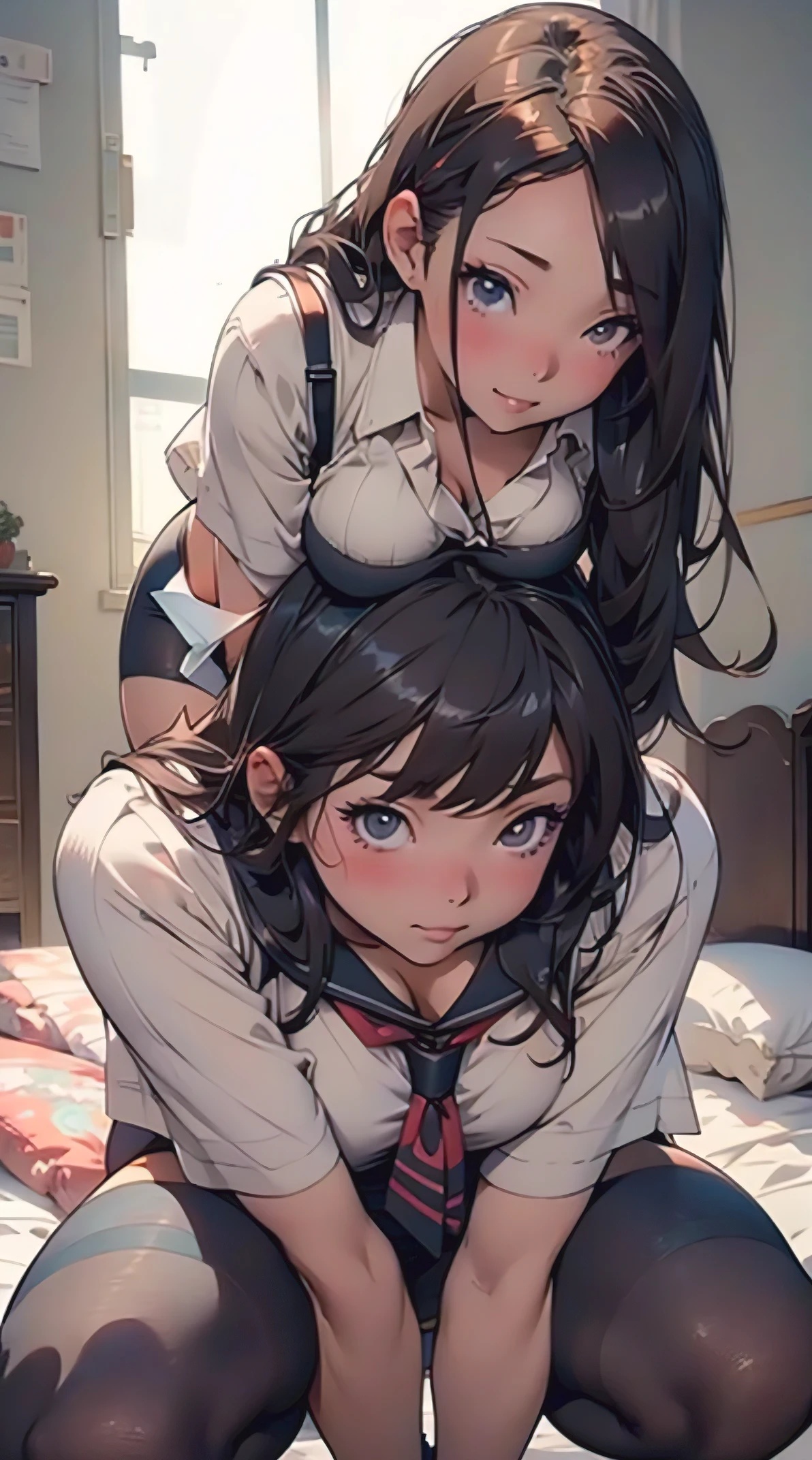 Masterpiece、(A work depicting a scene from an anime for adults), ((2girls:1.5)), ((Braiding, sailor uniform, ribbon, Round face, Realistic sized eyes, Droopy eyes, blush, Smile of shame, Thin lips, Spread your legs)), (((Masturbate))), Open your mouth, futa, medium penis, handjob, veiny penis, cum on palm, handjob, penis, cum on hair, ((full-harness made of rope over clothes:1.5))