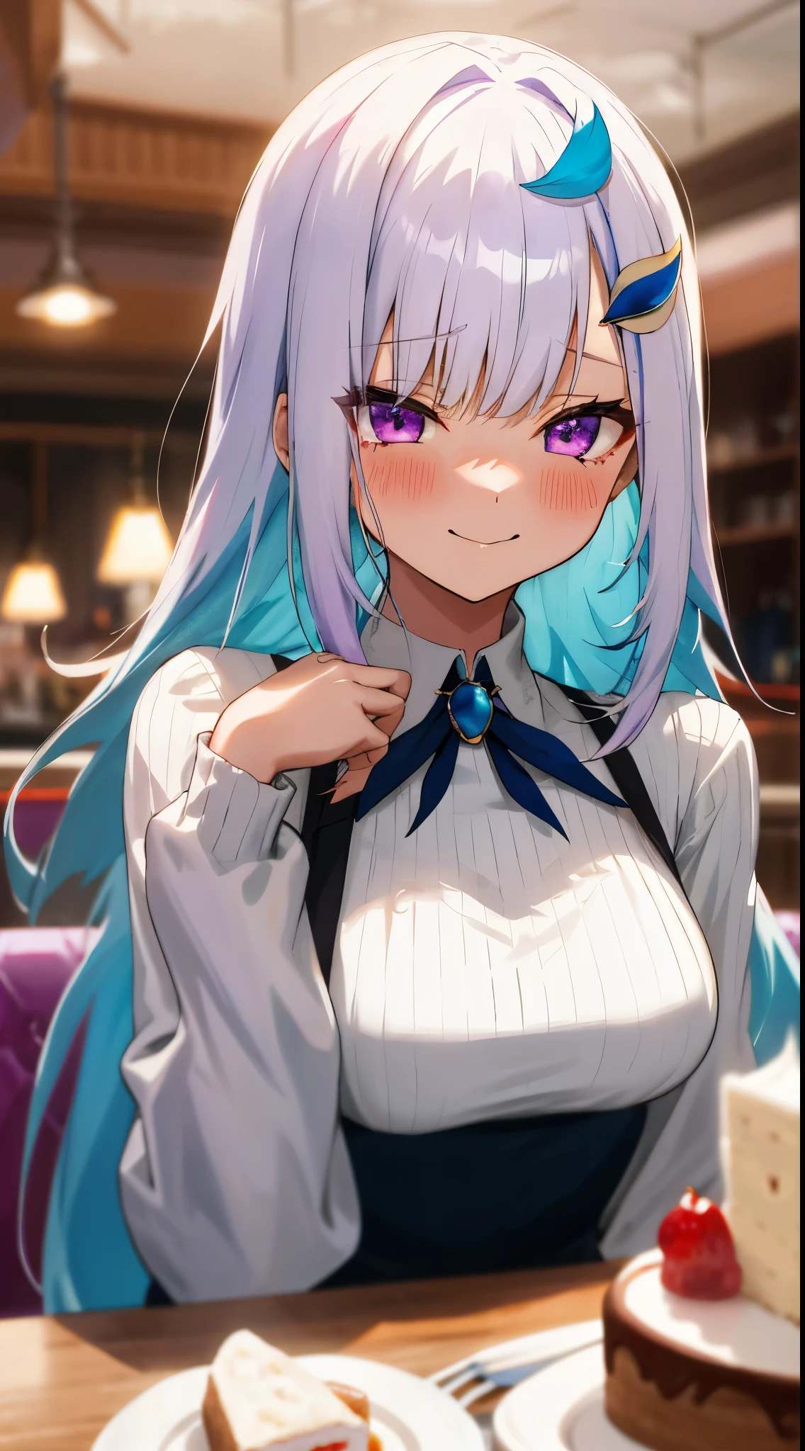 One girl with long hair, bangs, white hair, blue inner hair:1.25) , purple eyes, looking at viewer, blushing, little smile, tears, sweaters, indoor, dating, sitting, cake, cafe, table, dizzy, mid-chest, day atmosphere, hair ornament, medium breasts, upper body, focus, blurry background