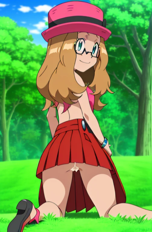 masterpiece, best quality, highres, blue eyes, serene \(pokemon\), 1girl, solo, thighs, long hair, hat, jewelry, bracelet, black thighs, no shirt, huge breasts, pleated skirt,, eyelashes, pink hat, breasts showing, no bra, glasses on head, upper body, field, smile, closed mouth, kneeling, buttocks touching her heels,  From behind position, Looking over the shoulder, Skirt raised, Showing pussy, pussy is showing , blush, On grass. With her back to the viewer.  Skirt is lifted up showing pussy, cum dripping from pussy,  n, adult