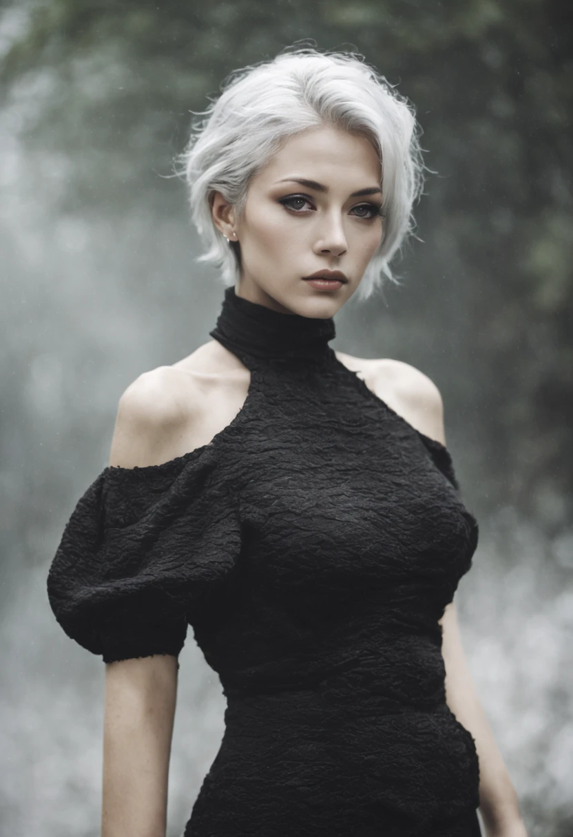 xxmix_girl,1girl,dark theme,hort Silver and White Hair, Long sideburn,film grain,fog,black thememTyndall,big breasts,sexy