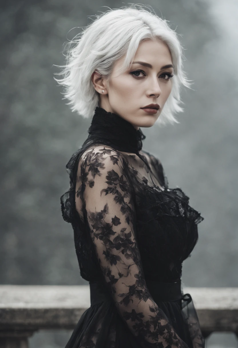 xxmix_girl,1girl,dark theme,hort Silver and White Hair, Long sideburn,film grain,fog,black thememTyndall,big breasts,sexy