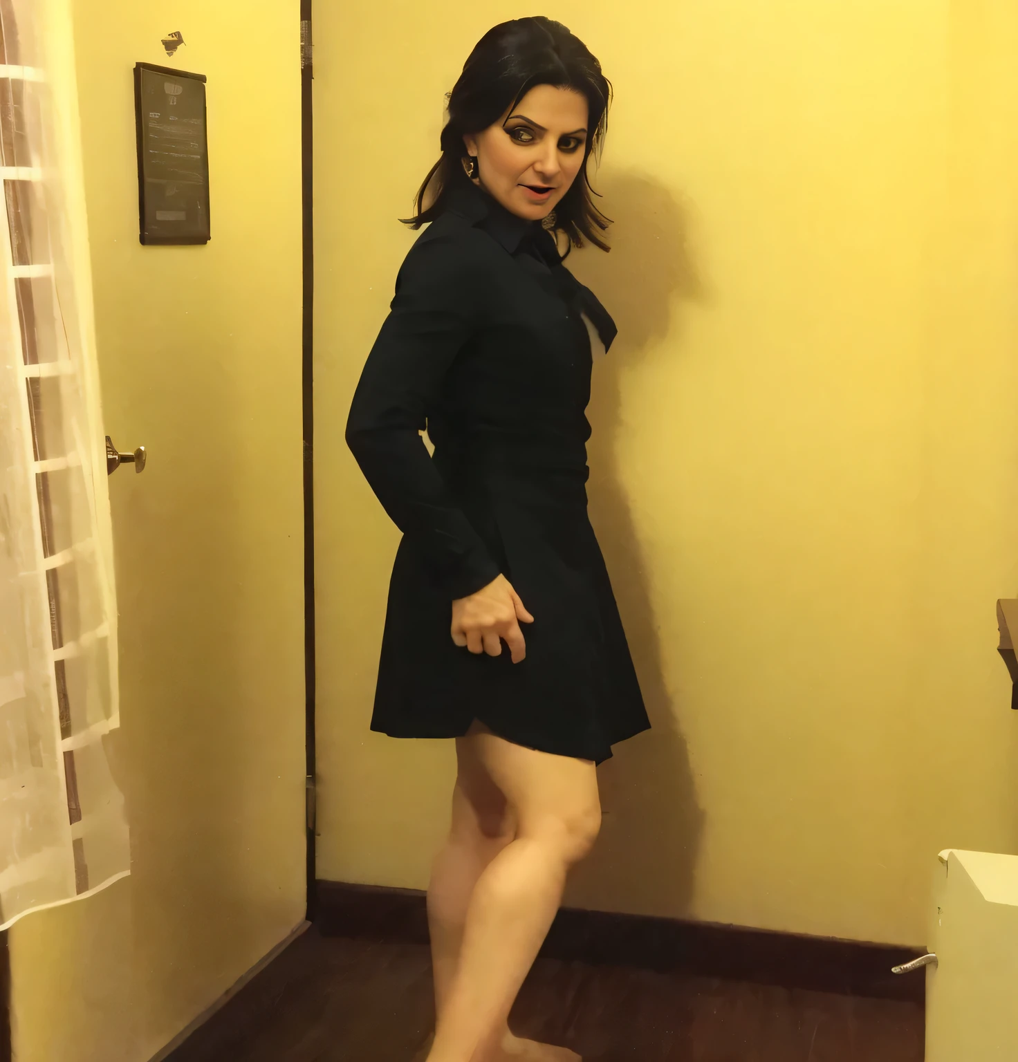 there is a woman standing in a room with a vestido preto, wearing vestido preto, wearing a vestido preto, she is wearing a vestido preto, wearing a tight vestido preto, pose lateral, usando um vestido escuro, comprimento de corpo inteiro shot, standing in corner of room, vestido preto, comprimento de corpo inteiro, Pose completa, tiro de corpo inteiro, tiro lateral, Pose dominante