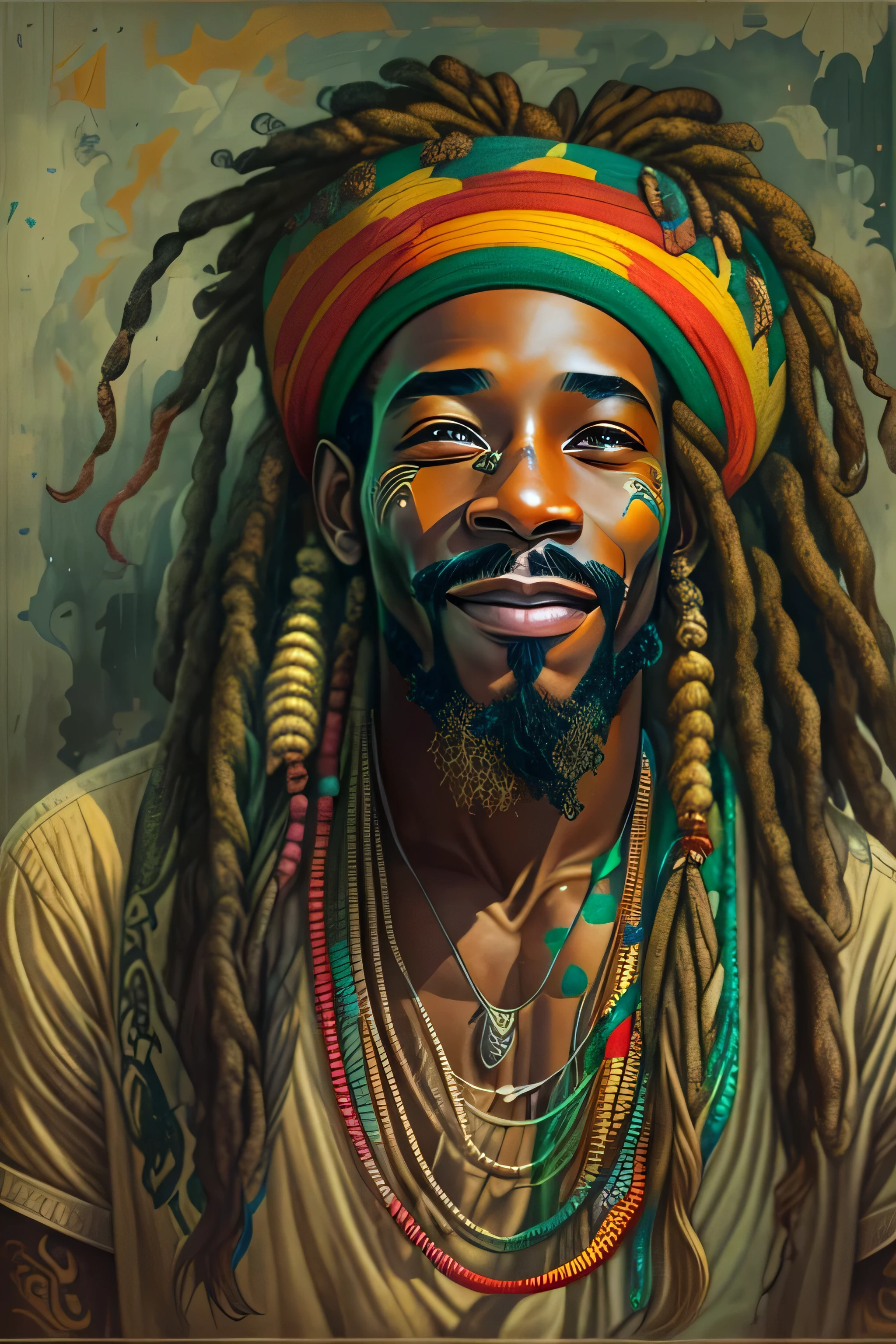 1 homem negro Rastafari sorrindo, muito estiloso, cabelo dreadlocks, olhos claros, Desenho real, tatuagem, cores principais do reggae