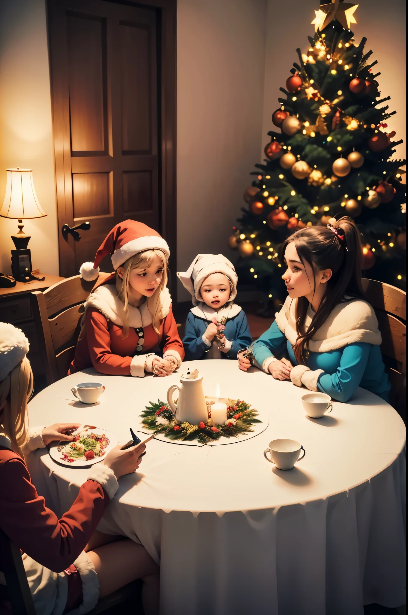 Scene of a family gathered around the table:
Simboliza unidade e compartilhamento, essential values at Christmas time. sem defeito nos rostos