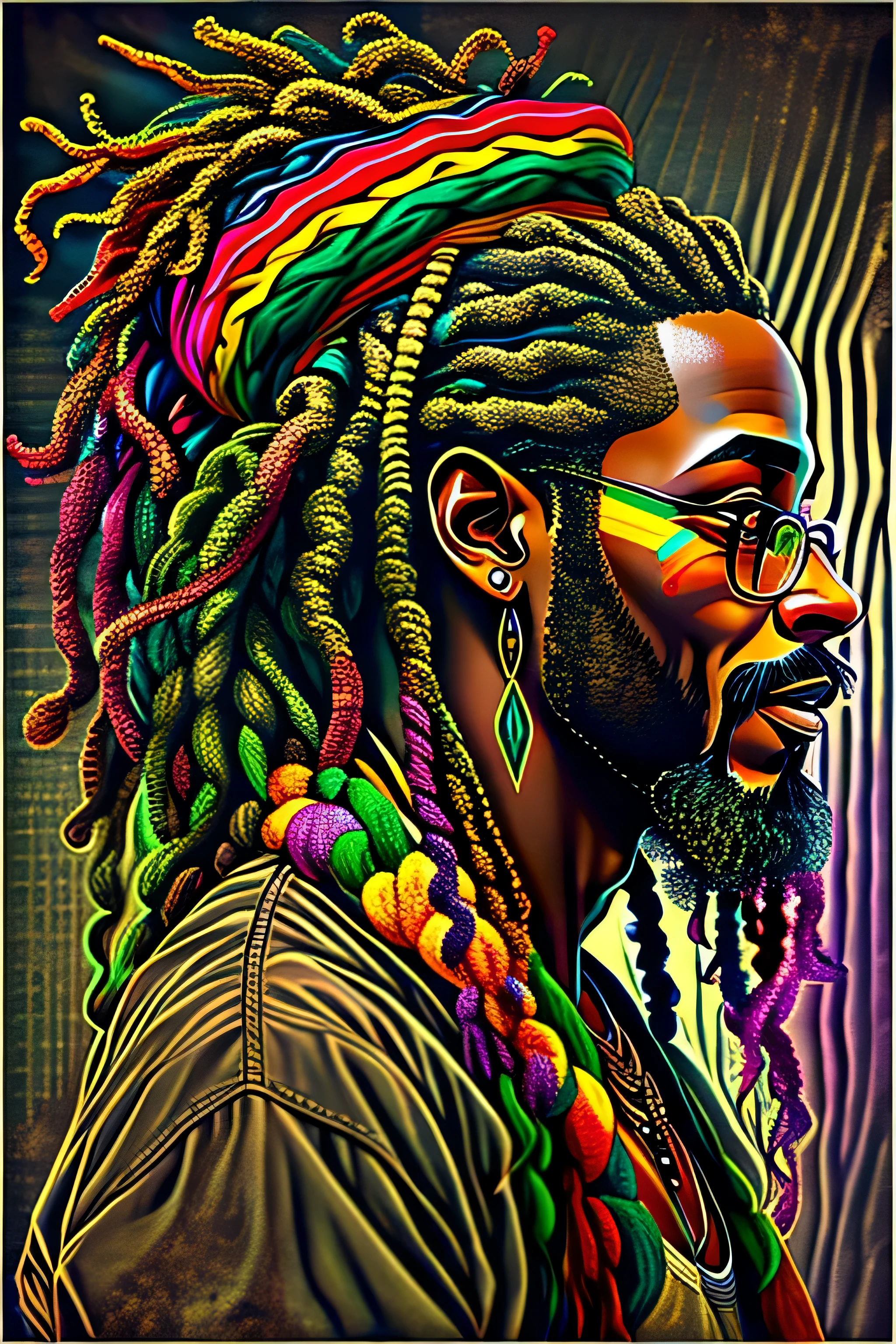 1 homem negro Rastafari sorrindo, muito estiloso, cabelo dreadlocks, olhos claros, Desenho real, tatuagem, cores principais do reggae
