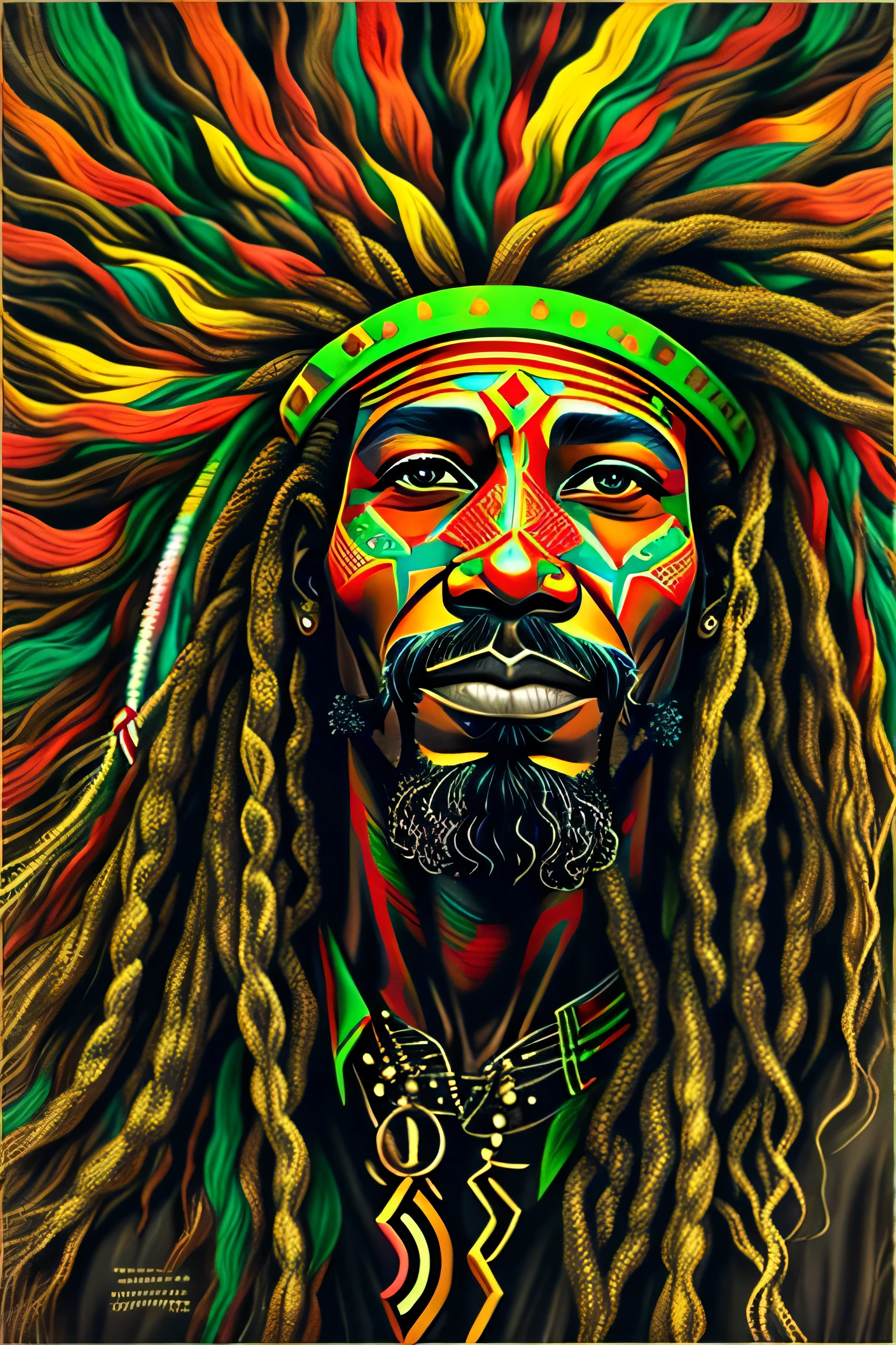 1 homem negro Rastafari sorrindo, muito estiloso, cabelo dreadlocks, olhos claros, Desenho real, tatuagem, cores principais do reggae