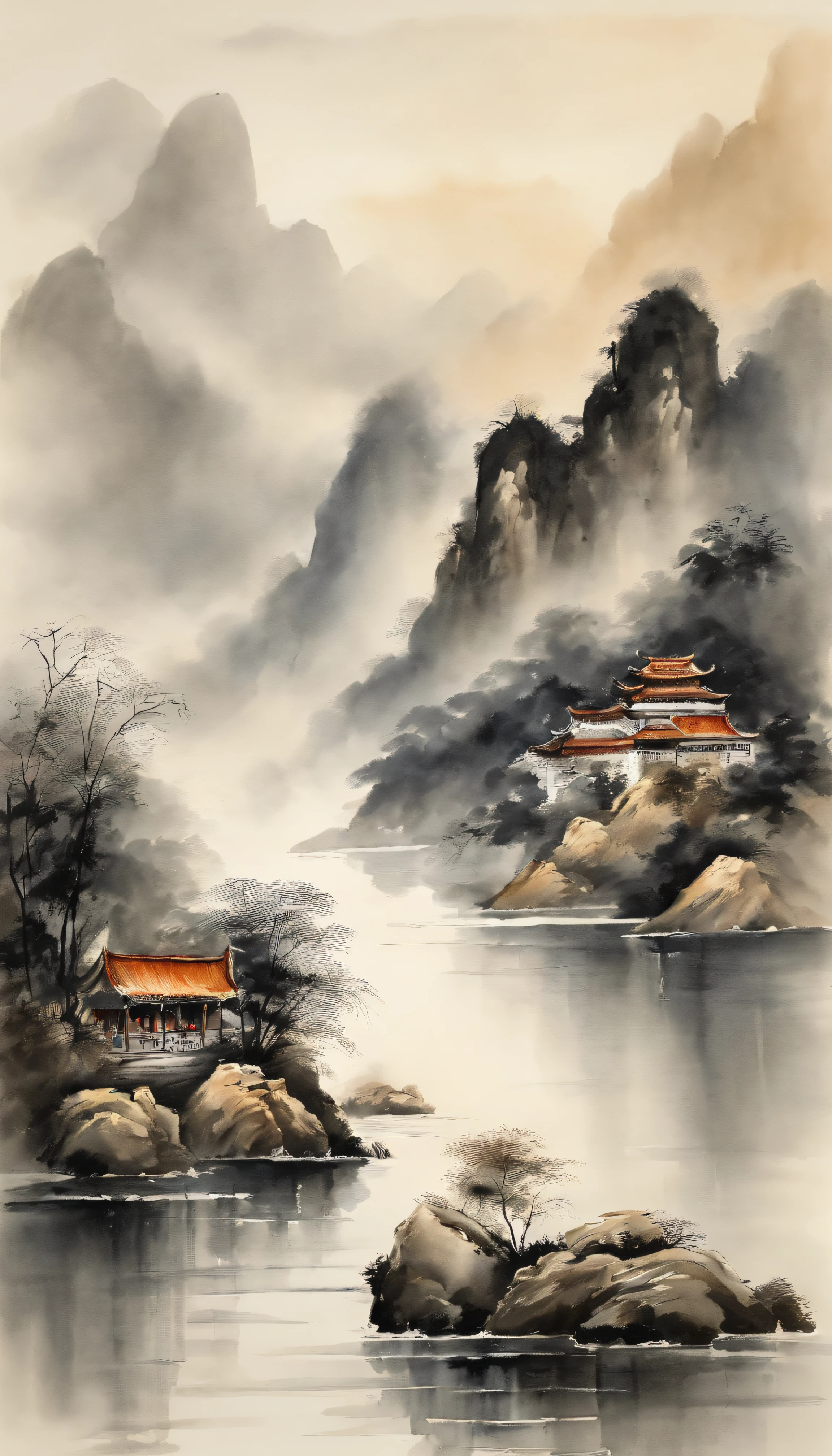 Chinese landscape painting，ink and watercolor painting，water ink，ink，Smudge，Faraway view，Ultra-wide viewing angle，Meticulous，Light boat in the distance，Faraway view，Meticulous，Smudge，low-saturation，Low contrast，The light boat has crossed the Ten Thousand Heavy Mountaineautifully depicted，A detailed，acurate，Works of masters，tmasterpiece