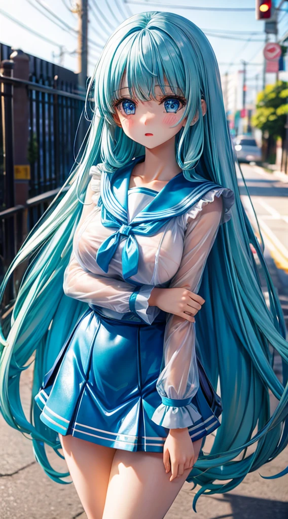 real situation,clear blue shining eyes,shy crying face,kawaii girl, huge tit,light blue long hair,Transparent sailor blouse,Transparent shiny mini skirt,Idle Pose,desktop,