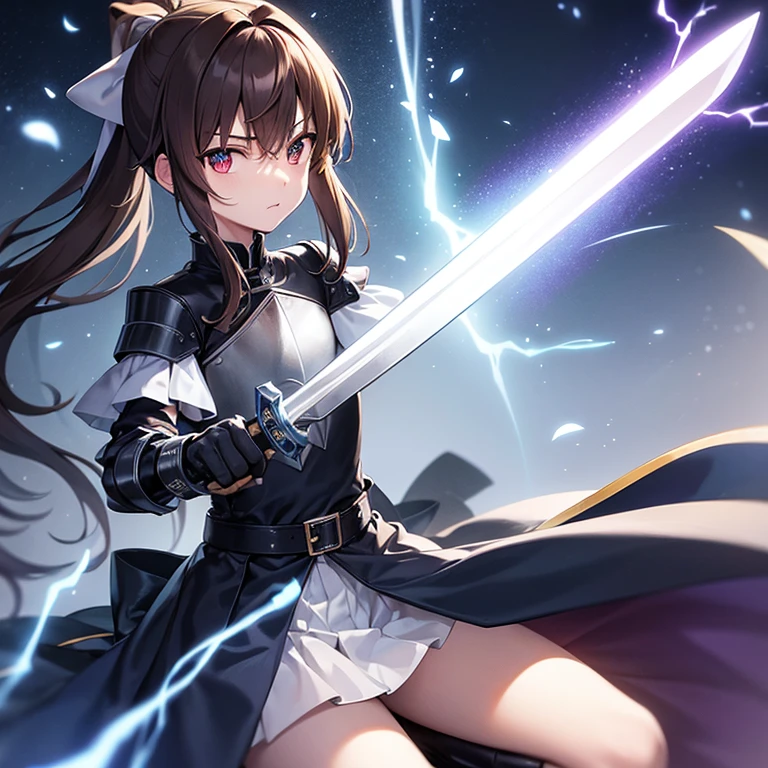 (((1boy))), Femboy, superhero, crossdresser man, ager, in a school, (white long sleeved cocktail shirt), (long black skirt with a white stripe), with a (((white cape with a blue inner part))), a (((black chest armor plate with a white decal in the middle))), (black gloves) and (black boots), long technological red sword, ((brown skinned)), red eyes, feminine shoulder length dark brown hair, ((wide hips)), ((thick thighs)), flat chest, narrow waist, flying around in a beautiful futuristic floating in the sky city landscape, ((only one character)), (((solo))), ((smiling)), ((((dark souls artstyle))))