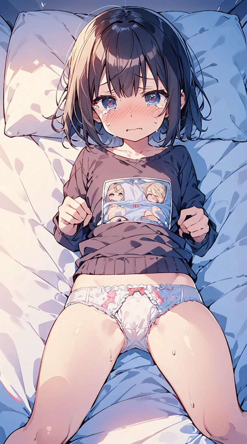 masutepiece, Best Quality,Illustration, Wallpaper, Ultra Detail, Little Face Lori、((fear:1.3))、(Teary-eyed:1.5)、(((Cute underwear)))、She makes me lie down and spread my legs.