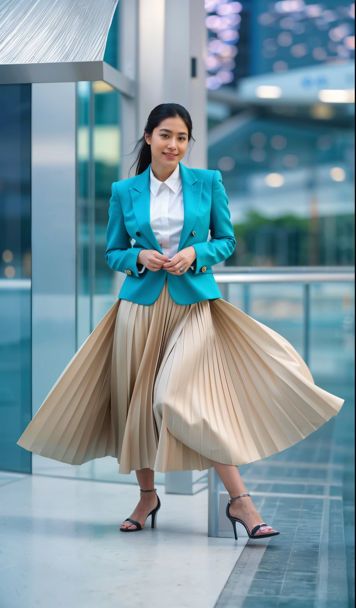 (smiling:1,2) woman playing with skirt, dancing, wearing short blazer and very very detailed (long (fully pleated) full circle skirt) and (low heeled) office shoes, very very intricate hyper-detailed symmetric (attractive graceful young feminine face) with (sad, tired eyes and a shy smile), large breasts, full of empathy and compassion and love, (pronounced (feminine) features), (highly detailed ultra accurate realistic) hands and fingers, (windy conditions and wind blowing), epic composition, highly detailed attributes, highly detailed space station background, (35mm f1.4 Kodak portra 400 photograph), extremely high quality RAW photograph,