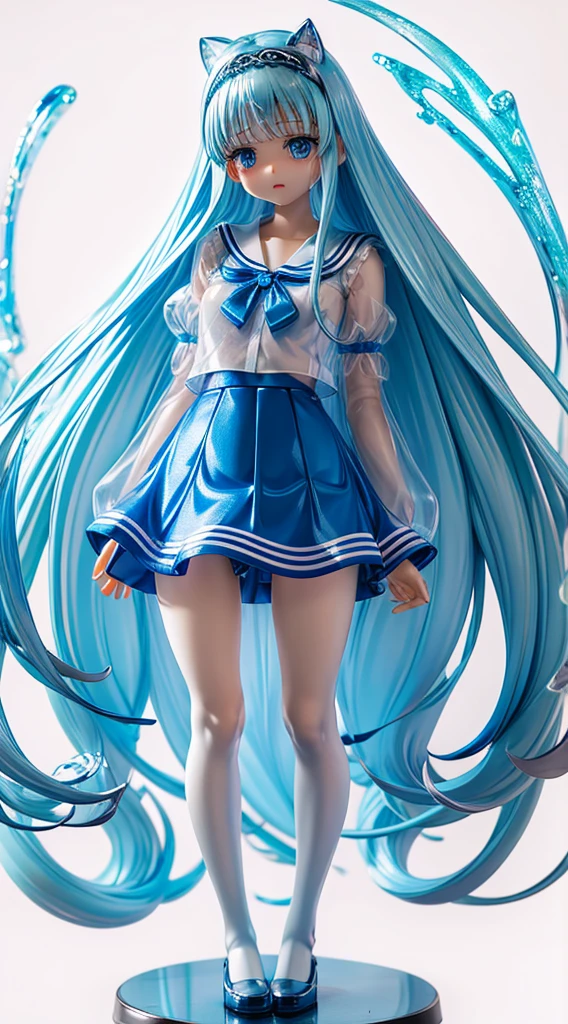 real situation,clear blue shining eyes,shy crying face,kawaii girl, Slim big,light blue long hair,Transparent sailor blouse,Transparent shiny mini skirt,Idle Pose,convenience store,