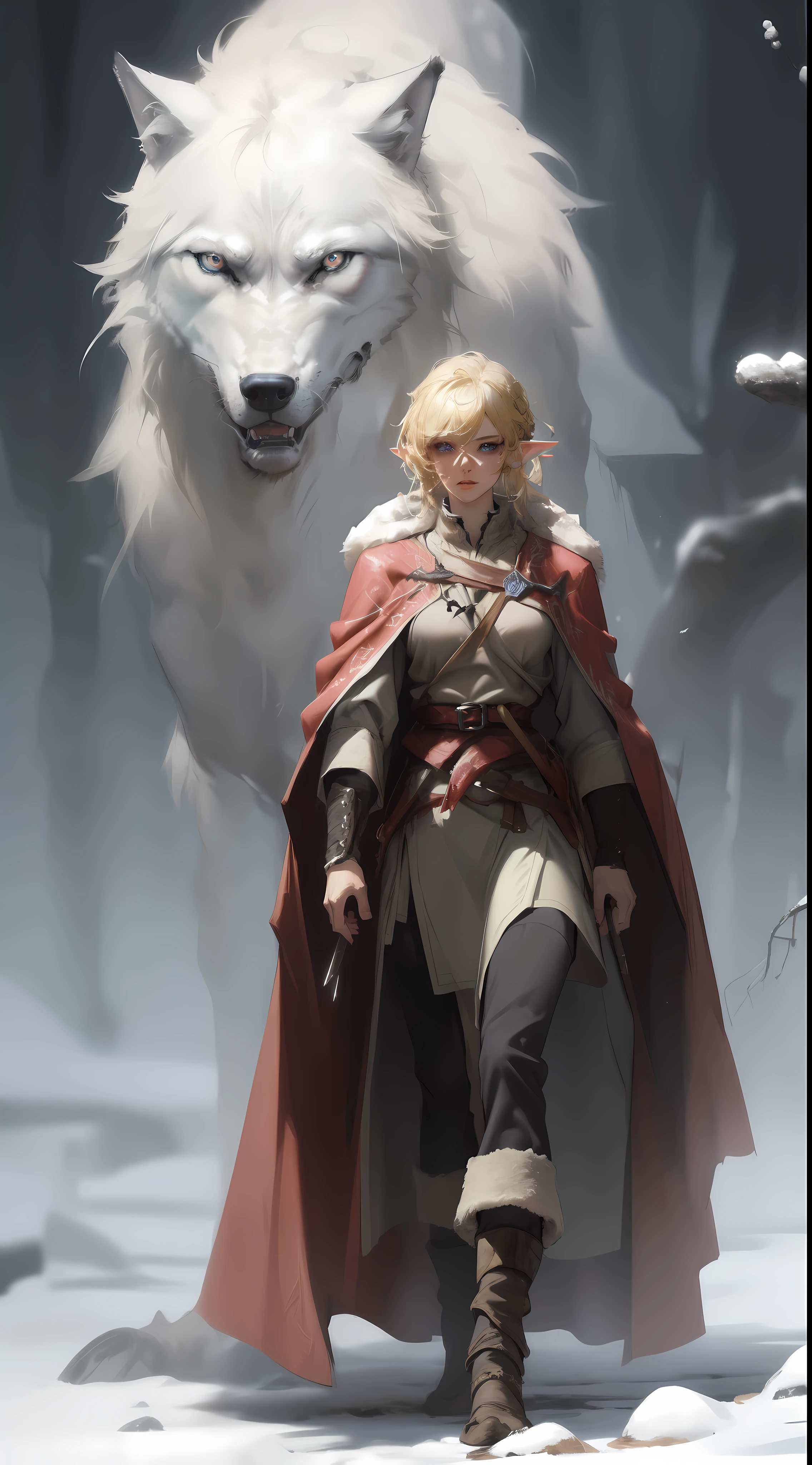 ((masterpiece, best quality)), (fractal art:1.3), viking elf girl, fantasy, Standing with ancient wolf, concept yoji shinkawa, concept art, painting, frank frazetta, BREAK, (elf:1.2), 1girl, solo, (Blonde Hair:1.15), Blunt bangs, (hair between eye), Blue Eyes, (beautiful detailed face:1.2)，art style by Artgerm, by Wadim kashin, by Kawacy, BREAK, (1animal), ((wolf)),  fluffy, big, White fur, BREAK, ((ancient viking clothes))，fluffy cloak,  big breast, long black glovelack pantyhoses with white boots, BREAK, eyelashes, eyeshadow, pink eyeshadow, BREAK, extremely detailed, dynamic angle, dynamic shot, the most beautiful form of chaos, elegant, a brutalist designed, Setting is a Scandinavian forest in winter,