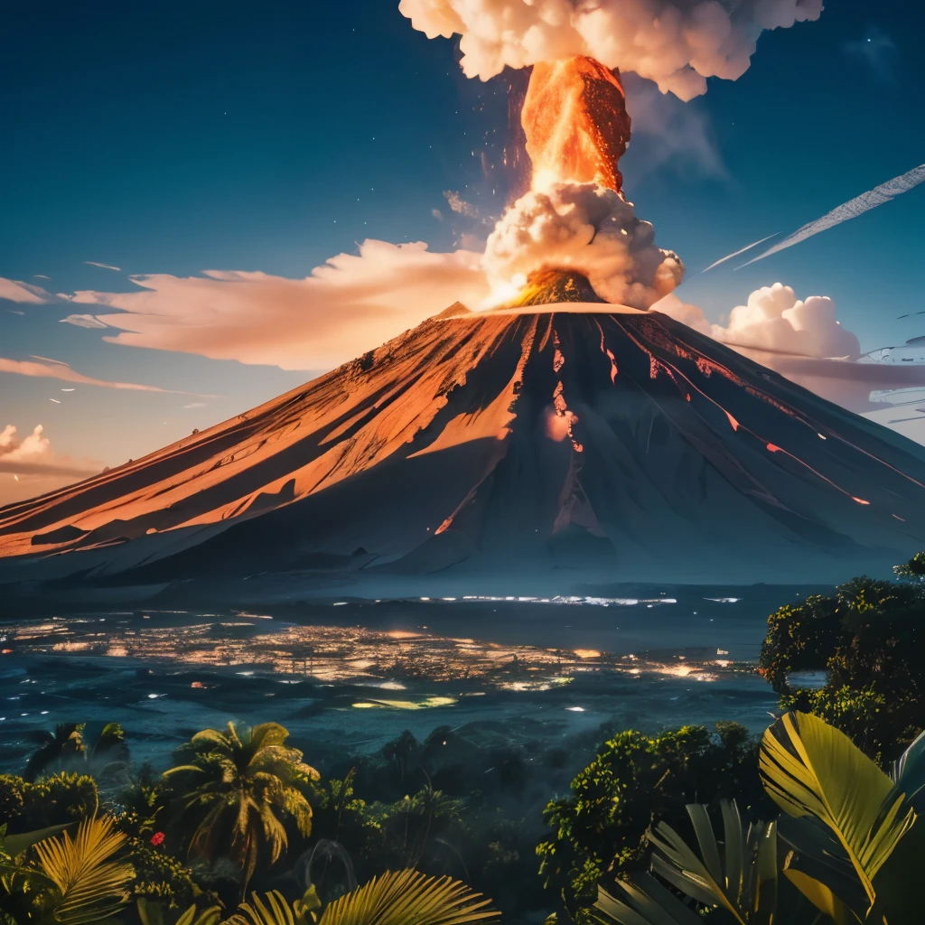 (Slightly active volcano,Surrounded by beautiful tropical islands), Lush greenery, Palm trees and flowers, The volcano is smoking, Beautiful lighting, beautiful shadows, lush scenery