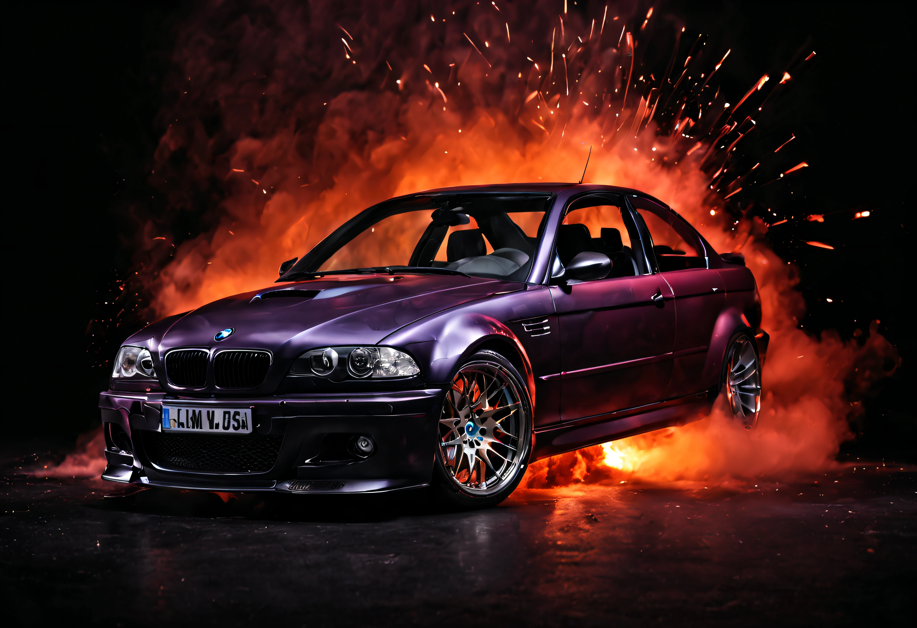 BMW M3 E46, dans un studio professionnel, fond noir, explosion de poudre colorée derrière, 4K, de la haute qualité, très réaliste