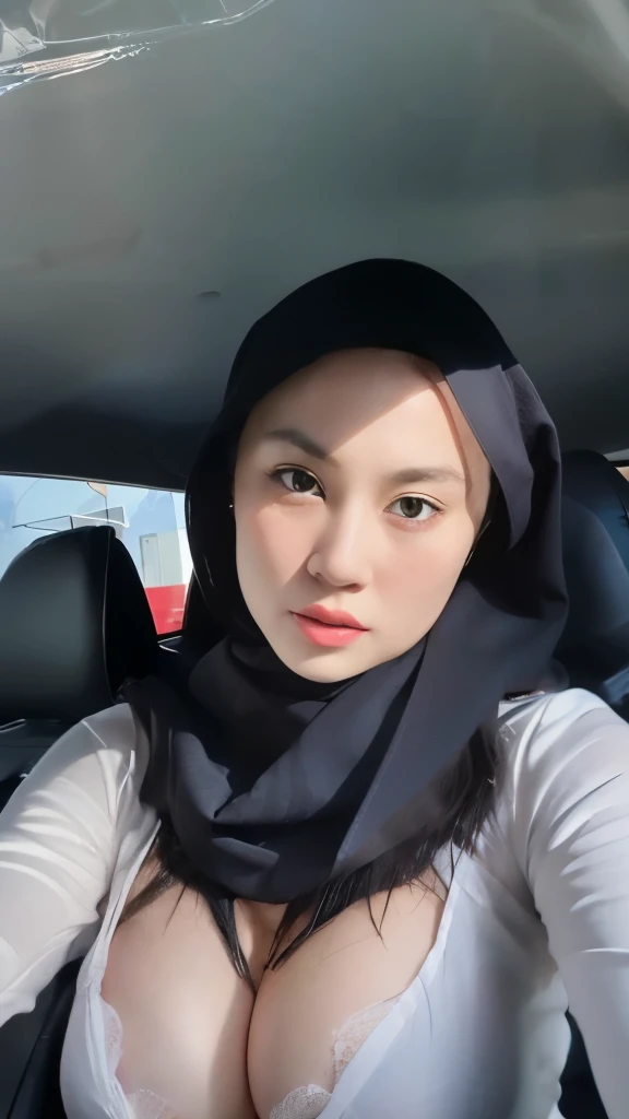 1 lady, wearing a white shirt, long sleeve, tight shirt, sitting in passenger seat, car seat belt on, wearing a black hijab, (huge breast 1.6), half body shot, taking a selfie