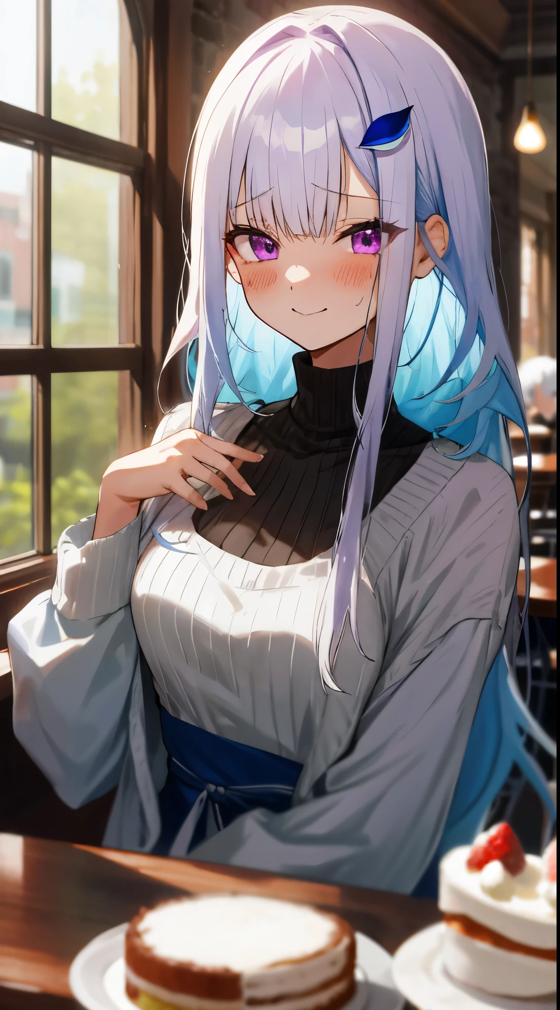 One girl with long hair, bangs, white hair, blue inner hair:1.25) , purple eyes, looking at viewer, blushing, little smile, tears, sweaters, indoor, outdoor, window, dating, sitting, cake, cafe, table, dizzy, mid-chest, day atmosphere, hair ornament, medium breasts, upper body, focus, blurry background