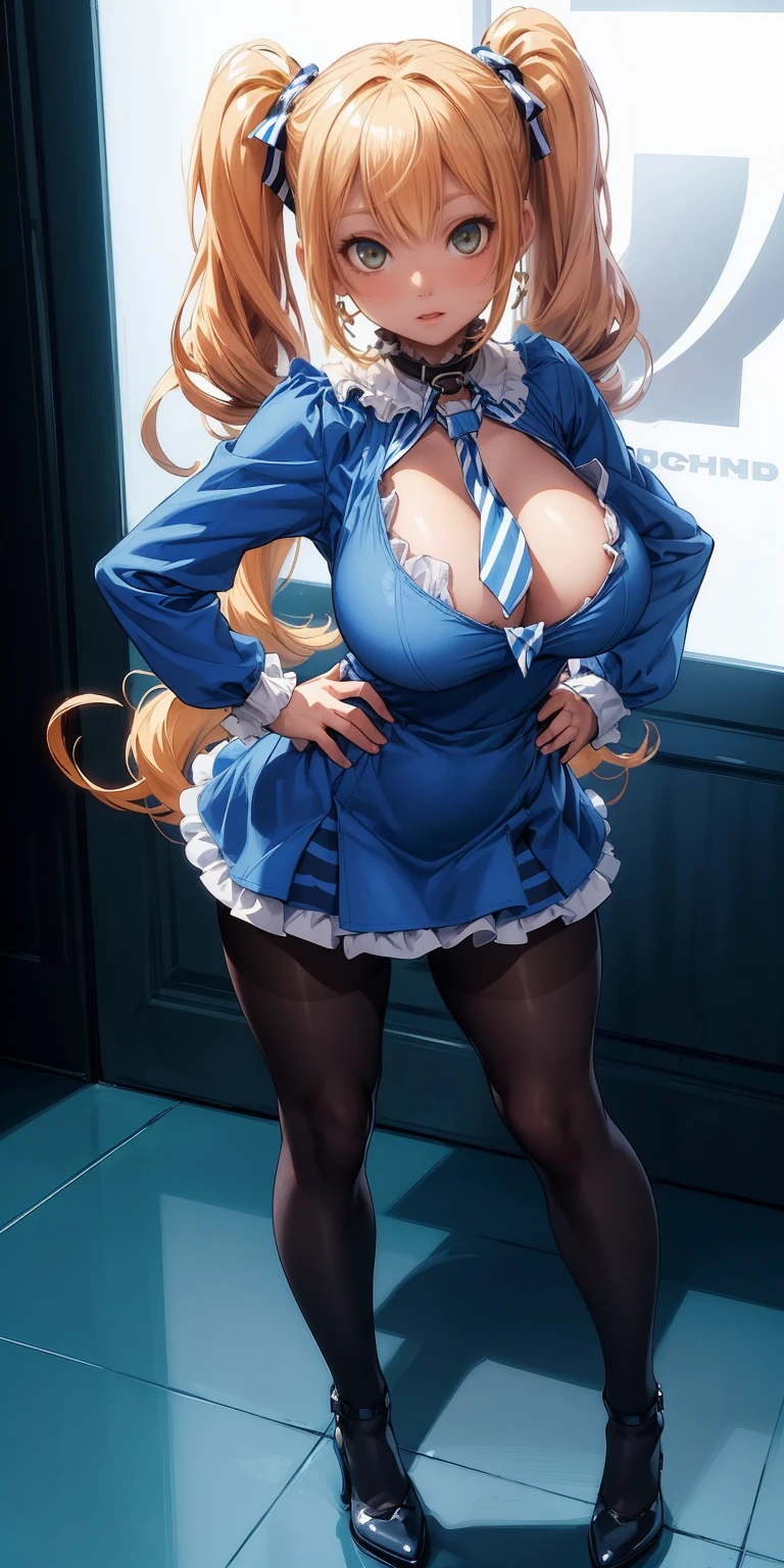 full body standing straight symmetrical, huge boob(masterpiece, best quality:1.2), cowboy shot, solo, 1girl, mmplatz, smile, looking at viewer, hands on hips, twintails, twin drills, dress, blue pantyhose, striped pantyhose, Handcuffs on their hands, With a collar around the neck